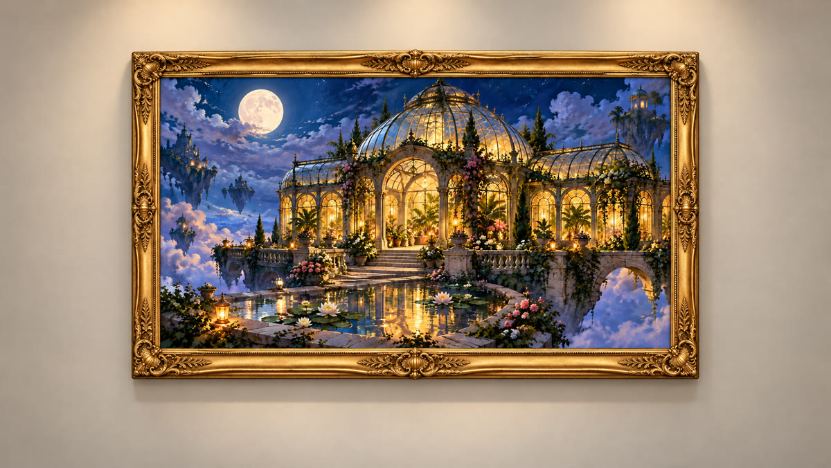Painterly fantasy artwork of a moonlit greenhouse floating among clouds