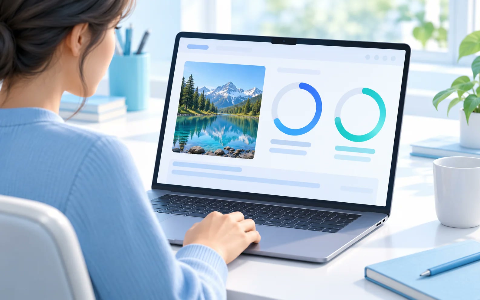 A user reviewing an image detection report with two probability charts on a laptop