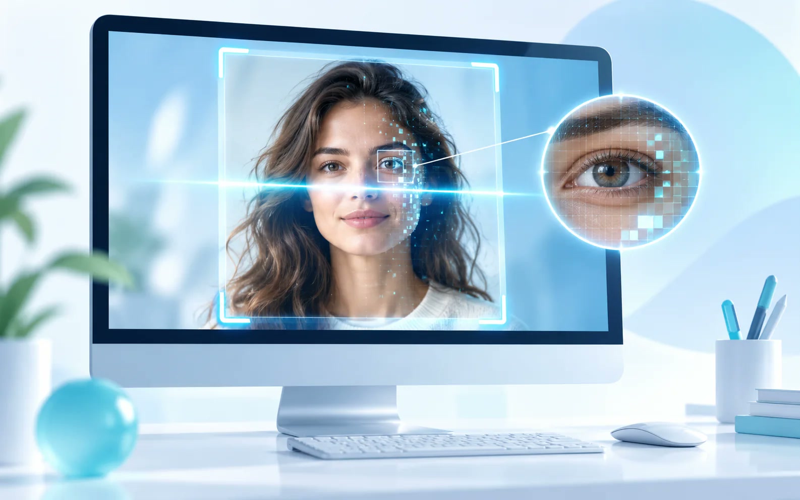 A portrait being analyzed with a visual scanning frame on a computer screen
