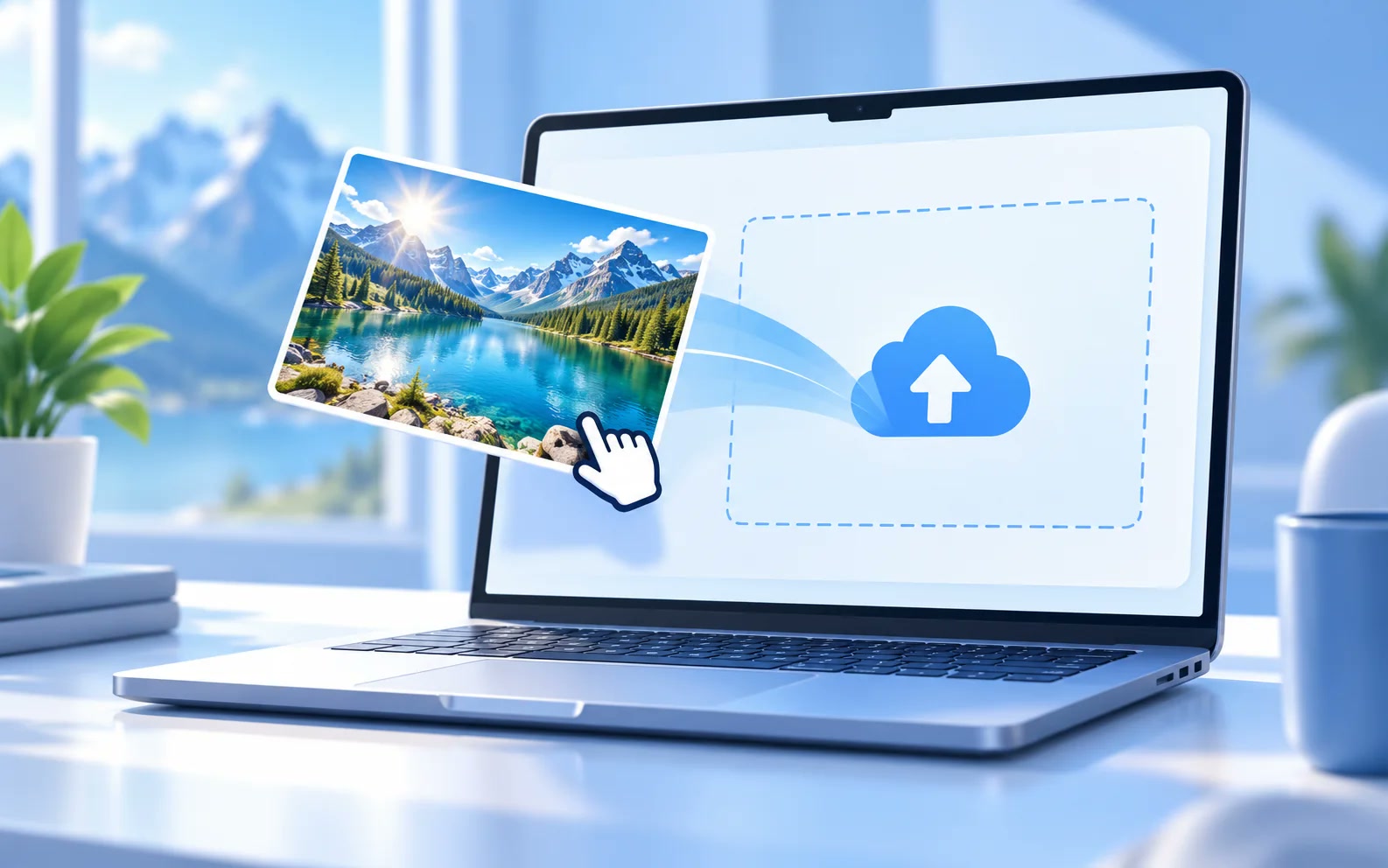 A photo being dragged into an image upload area on a laptop