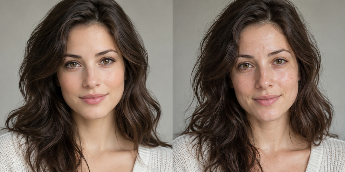 Side-by-side portraits comparing an AI-generated face with a real photograph