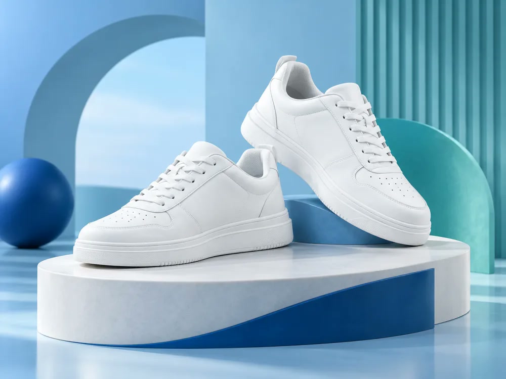 Product photo of fictional white sneakers on a clean marketplace set