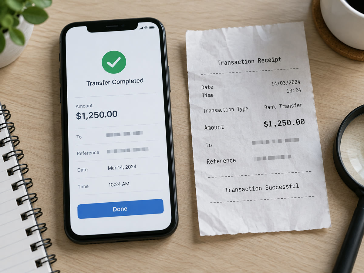Fictional bank transfer screenshot and printed payment receipt prepared for authenticity review