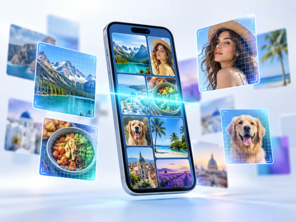 A smartphone feed with realistic photos being checked for AI-generated visual patterns