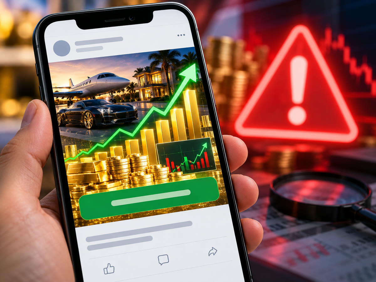 Fictional social media investment promotion alongside trading profit and portfolio return graphics